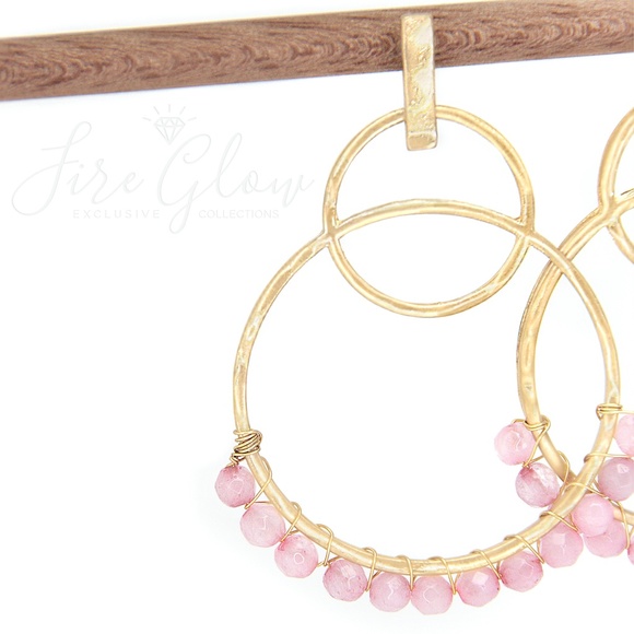Rose Quartz Bead Gold Tone Tiered Hoop Earrings - Picture 8 of 10